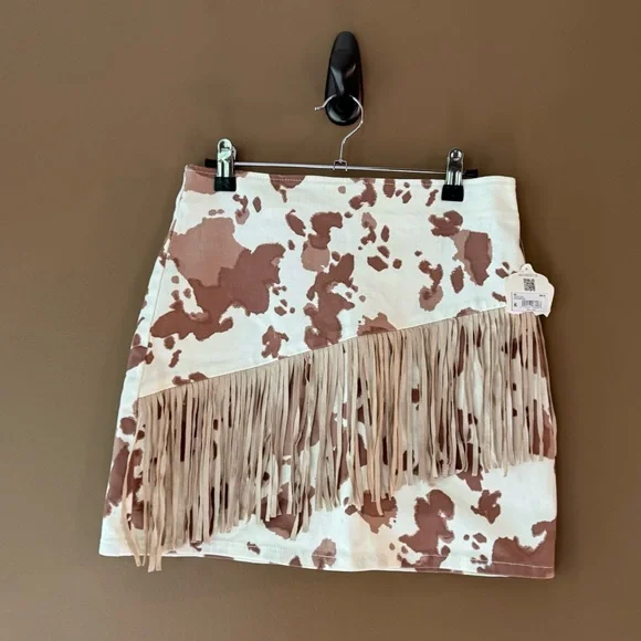 Altar’d State Brown Cow Print Fringe Mini Skirt Cowgirl Festival M NWT - Picture 5 of 9